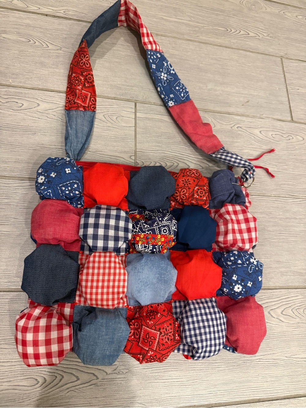 Patchwork Red & Blue Puff-Quilt Shoulder Bag